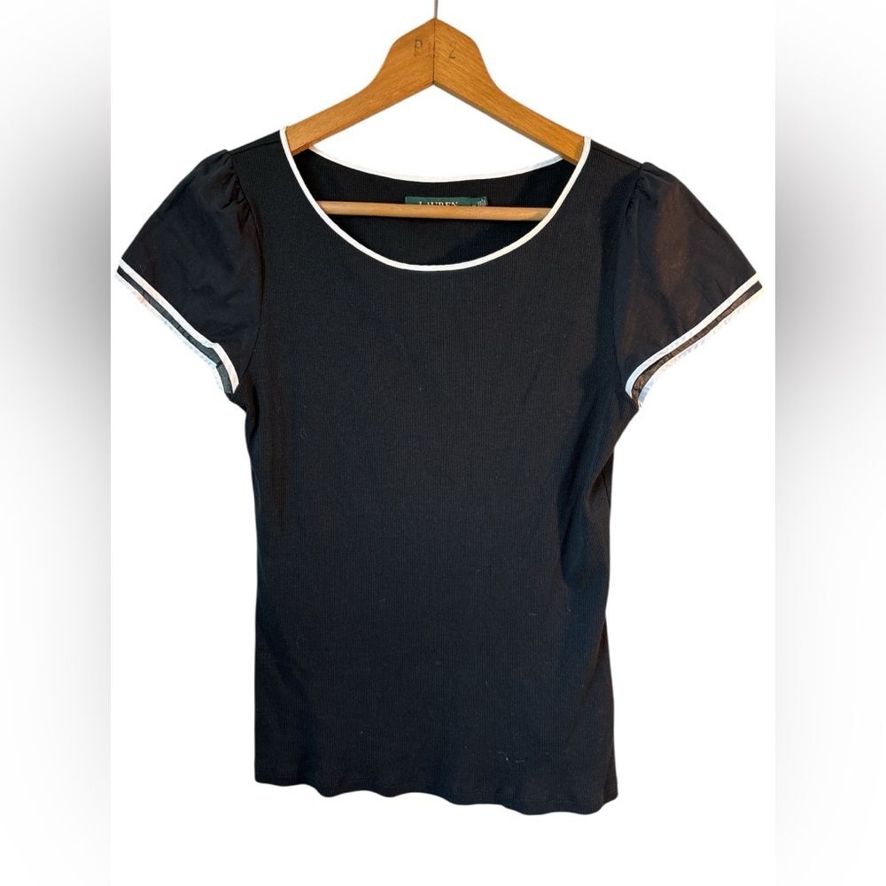 LAUREN RALPH LAUREN Ribbed Tee Top Poplin Flutter Sleeve Black White Size Medium